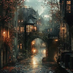 Fototapeta premium Mysterious night scene enchanted village digital art foggy atmosphere atmospheric perspective fantasy concept
