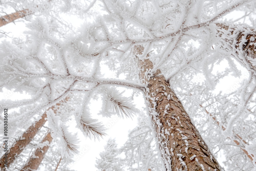 Wall mural A group of pine trees covered in snow, ideal for winter scenes and cold weather photography