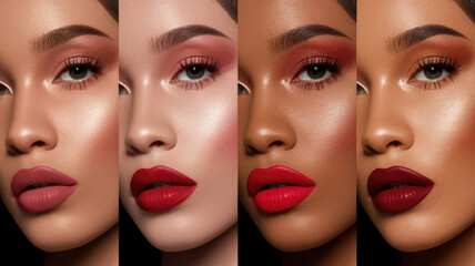 The image is a series of four different women with varying shades of red lipstick. The women are all smiling and looking at the camera, creating a warm and inviting atmosphere