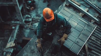 Fototapeta premium A roofer is diligently working on installing zinc roofing tiles on a residential building. The hard hat and gloves indicate safety is a priority on this job site