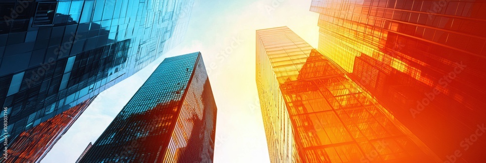 Poster tall buildings create striking silhouettes against a colorful sunset, casting shadows while the gold