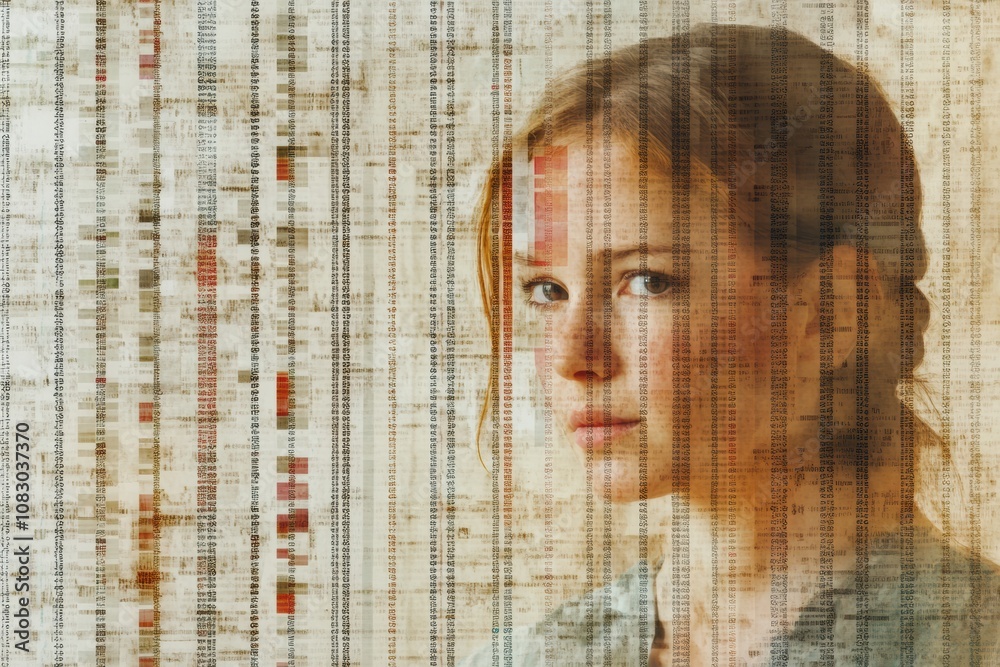 Fototapete A human figure is superimposed over rows of genetic code, symbolizing the connection between identity and DNA. Generative AI