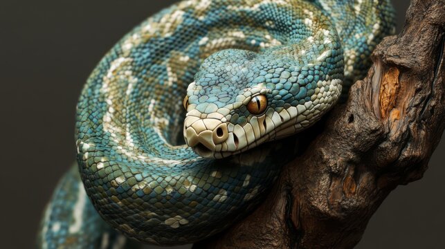 A green tree python with blue scales is coiled around a branch, its eyes are focused on the camera.