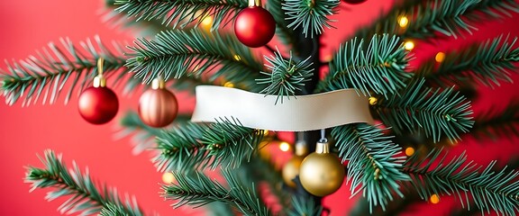 Subtle wallpaper wall close up christmas tree with decorations on a red background with lights and a banner template.
