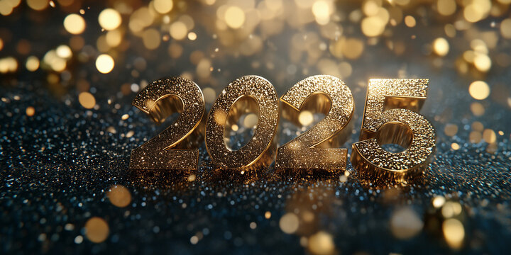 Happy 2025, numbers in gold color on a glittering background with bokeh lights, creates an elegant and festive atmosphere for the New Year s celebration.