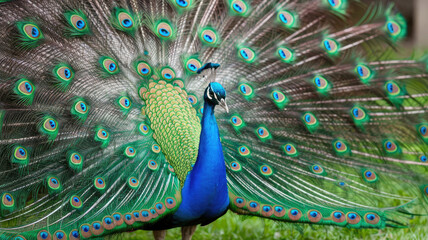 Obraz premium A peacock is standing in a grassy field with its feathers spread out. The bird is large and colorful, with a blue and green pattern on its feathers. The scene is peaceful and serene