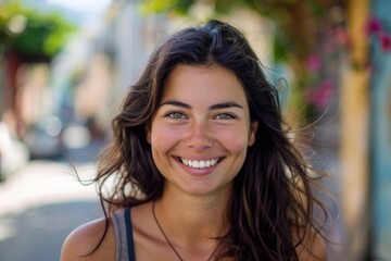 Obraz premium A woman with long brown hair smiles directly at the camera, looking friendly and approachable