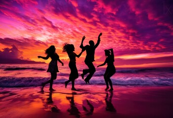 Fototapeta premium vibrant silhouettes tranquil waves under stunning sunset warm colors dramatic cloud forms, beach, ocean, horizon, reflection, sky, nature, landscape, shore