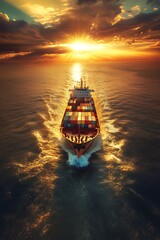Fototapeta premium A large container ship sailing on the open ocean at sunset.
