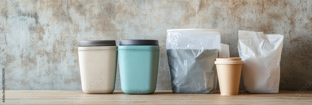 Poster A collection of reusable containers highlights the contrast with single-use plastic items, promoting eco-friendly choices for daily life. Generative AI