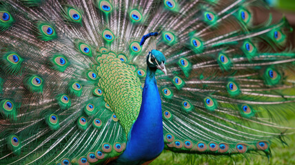 Obraz premium A peacock with its tail spread out and blue feathers. The peacock is standing on a green grassy field