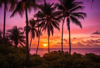 Obraz premium vibrant sunset over lush palm tree grove creating tropical paradise atmosphere visual exploration relaxation, foliage, landscape, silhouette, sky, horizon