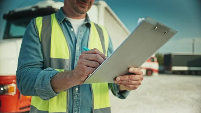 Camera focus on back of notepad. Caucasian man holding notepad with one hand while writing with other hand with pen. Filling in data about completed truck deliveries in big commerce company.