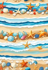 Naklejka premium vibrant beach towels artistically arranged colorful seaside treasures like starfish pebbles warm sunny beach setting, fabric, seashell, decor, design