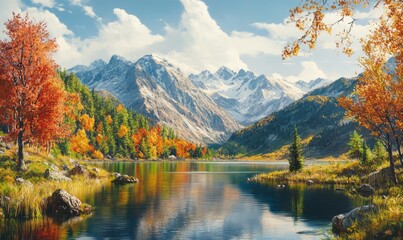 Naklejka premium Create a beautiful landscape painting of a mountain lake in the fall