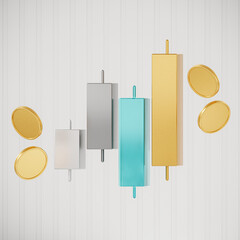 The 3D icon combines Japanese candle, rocket, and trading symbols, representing success, innovation, and financial growth. It features a realistic metal texture design. 3D Illustration