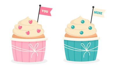 Valentine's Day cupcakes with cream, heart decorations, and romantic text. Sweet dessert for love-themed designs and celebrations. Vector illustration.