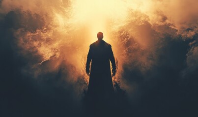 Fototapeta premium Silhouetted Figure Emerges from Shadows Transforming into Heroic Savior