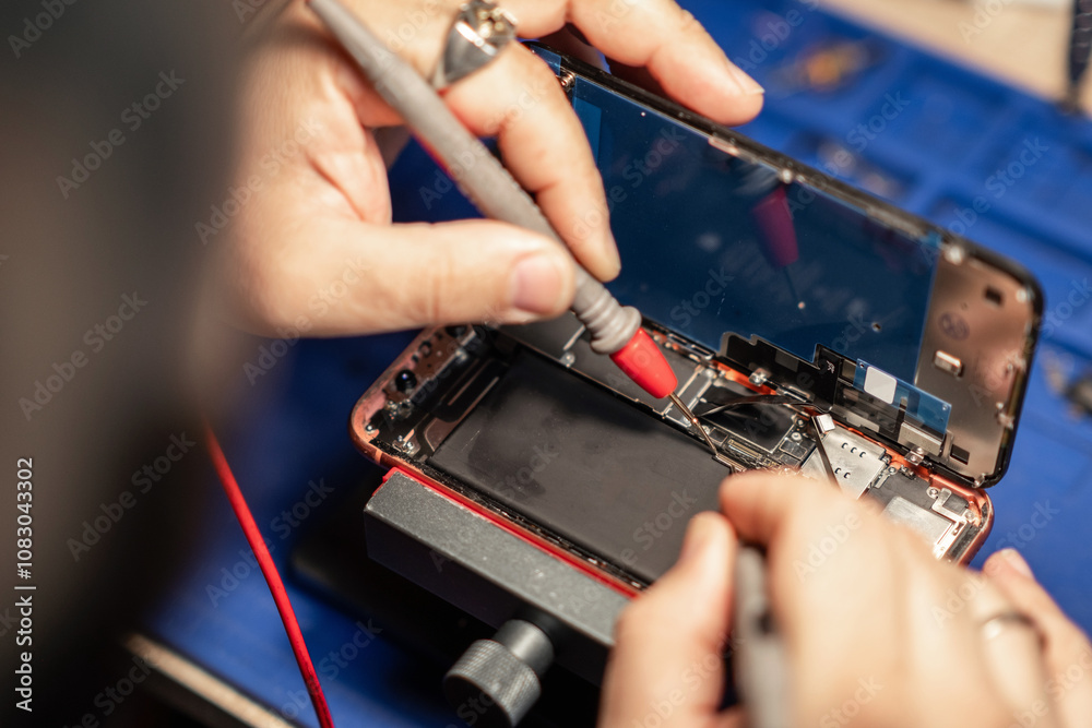 Poster expert performs smartphone battery repair with precision tools at a tech workshop