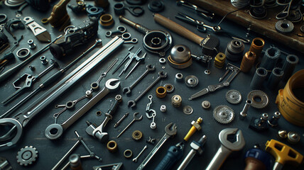 Fototapeta premium Bicycle Parts and Tools Ready for Assembly: A selection of bicycle parts and tools arranged in preparation for assembly, highlighting the precision of the craft.