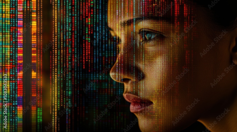 Poster a human profile is layered with vibrant dna sequences, highlighting connections between genetics and