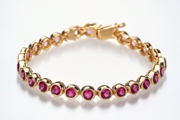 Close-up of a gold bracelet featuring pink stones on a white surface