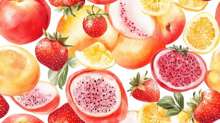 Naklejka premium Colorful seamless pattern of watercolor fruits featuring peaches strawberries and dragon fruits ideal for kitchen decor and artistic touches