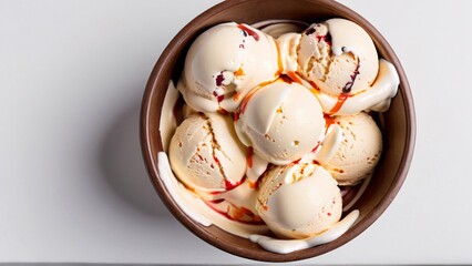 Four scoops of vanilla ice cream with caramel sauce in a brown bowl.