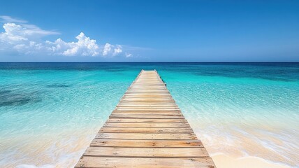 a dock in the ocean with a sky background. idyllic beach destination, tranquil atmosphere, horizon view, summer vacation, photorealistic, high resolution.