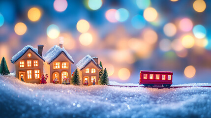Obraz premium Magical Christmas Village Scene Snowy Houses Train Lights
