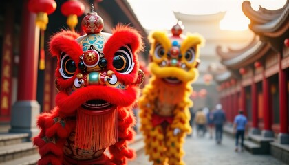 Two Chinese lion dancers perform at temple during Lunar New Year celebration in China. Traditional...