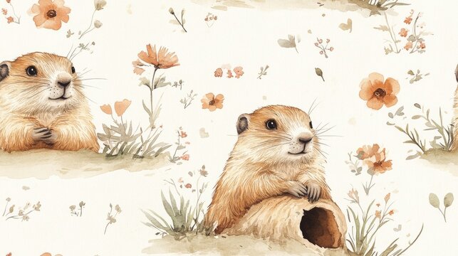 Whimsical watercolor seamless pattern featuring playful marmots peeking from holes resting and doodling for Groundhog Day