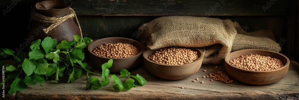 Aufkleber bowls overflowing with lentils, beans, and chickpeas rest on a rustic wooden table alongside burlap 