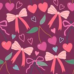 Seamless pattern with coquette cherry and bows. Hart-shaped berries with ribbons. Romantic trendy hand-drawn vector illustration.