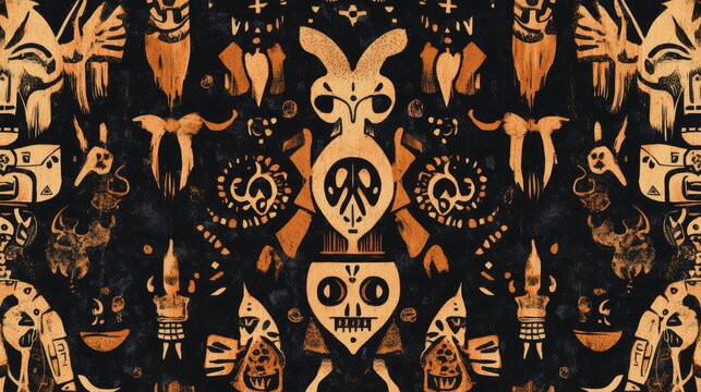 Seamless pattern featuring intricate voodoo symbols blending African and American magical elements perfect for textile design wallpapers and graphic projects