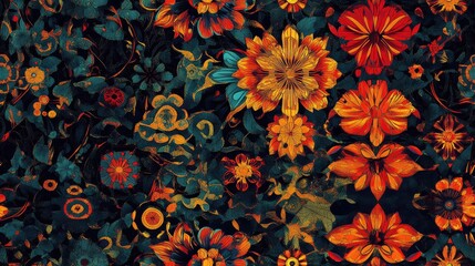 Seamless raster pattern in oriental style featuring a floral psychedelic mosaic suitable for wallpaper backgrounds and tapestry decor