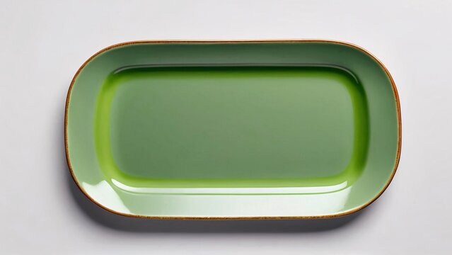A green rectangular plate with a brown rim on a white background.
