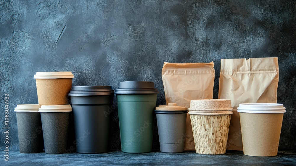 Aufkleber The image showcases reusable containers lined against a backdrop of discarded single-use plastic bags and cups, emphasizing waste issues. Generative AI