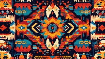 Seamless geometric pattern featuring vibrant Native American designs ideal for textile applications and ethnic decor