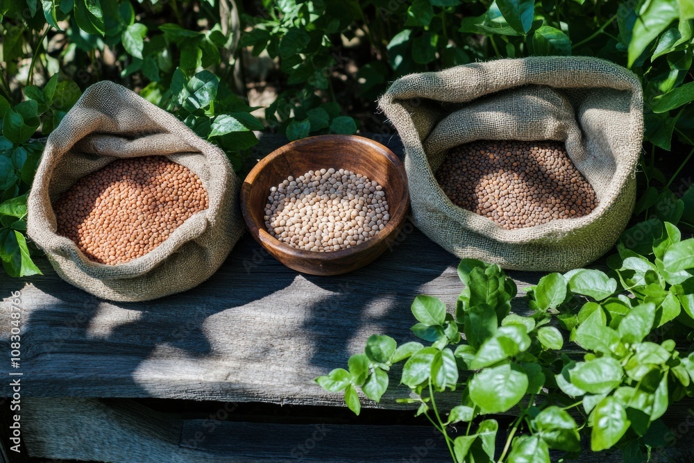 Poster bowls and sacks filled with various lentils, beans, and chickpeas rest on a rustic wooden table amid