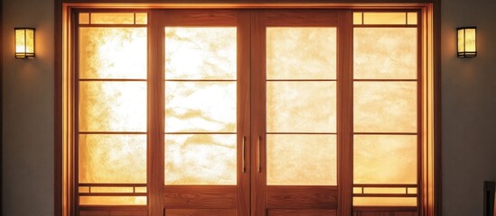 Fototapeta premium Traditional wooden doors with rice paper panels enhancing indoor lighting and Asian aesthetic charm