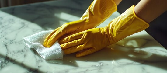 Obraz premium Woman s hand wearing bright yellow gloves using a cloth to clean a table surface effective housekeeping technique