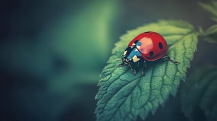 Obraz premium A ladybug perched on a green leaf with a blurred background.