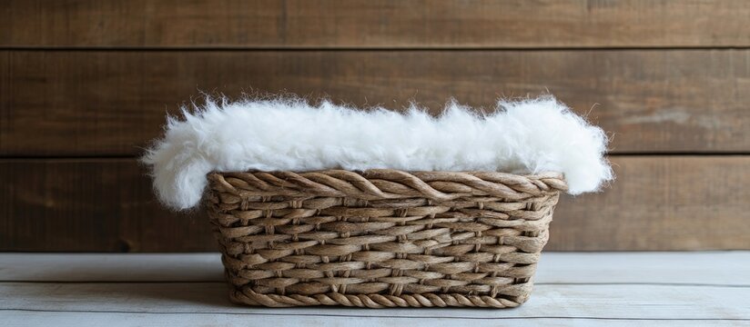 Wicker basket with white fur on rustic wooden background perfect for newborn photoshoot props