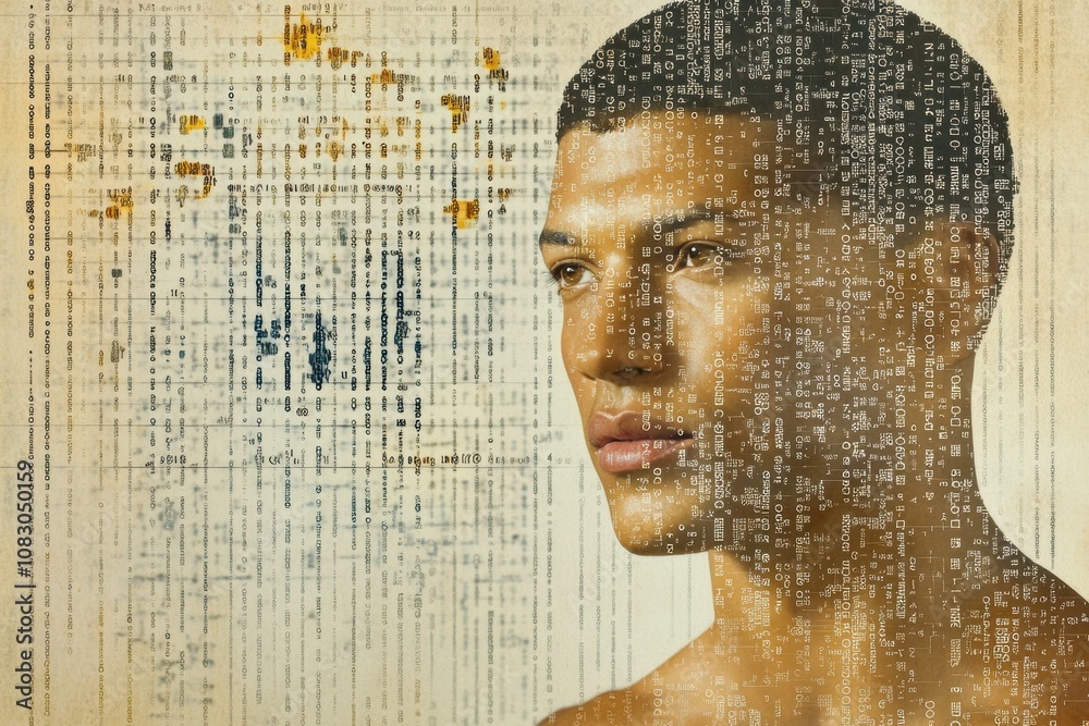 Poster A human figure overlays intricate rows of DNA symbols, highlighting the link between genetics and personal identity. Generative AI