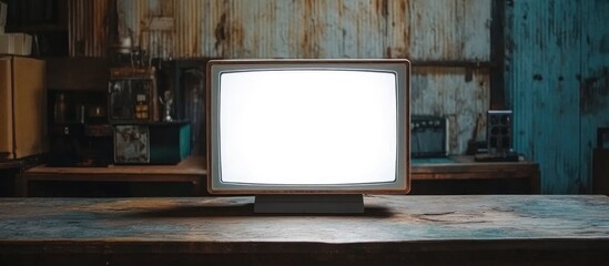 Vertical view of a television displaying a blank white screen resting on a rustic wooden counter showcasing minimalist decor