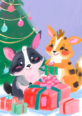 celebrate animals opening gifts at Christmas. vintage painting