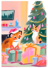 celebrate animals opening gifts at Christmas. vintage painting