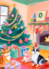 celebrate animals opening gifts at Christmas. vintage painting