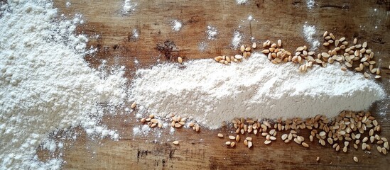 White flour and rye grains arranged attractively on a wooden surface ideal for baking enthusiasts